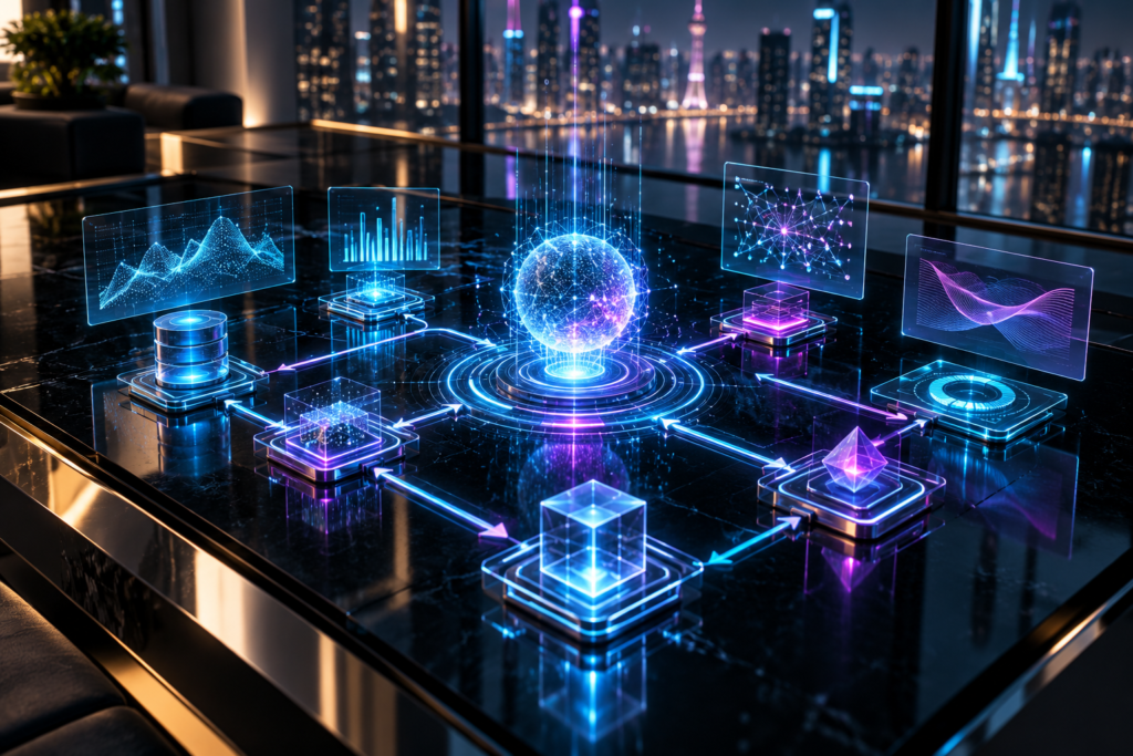 KI-generierte Visualisierung holografischer Datenknoten und verbundener Arbeitsabläufe auf einem gläsernen Tisch.