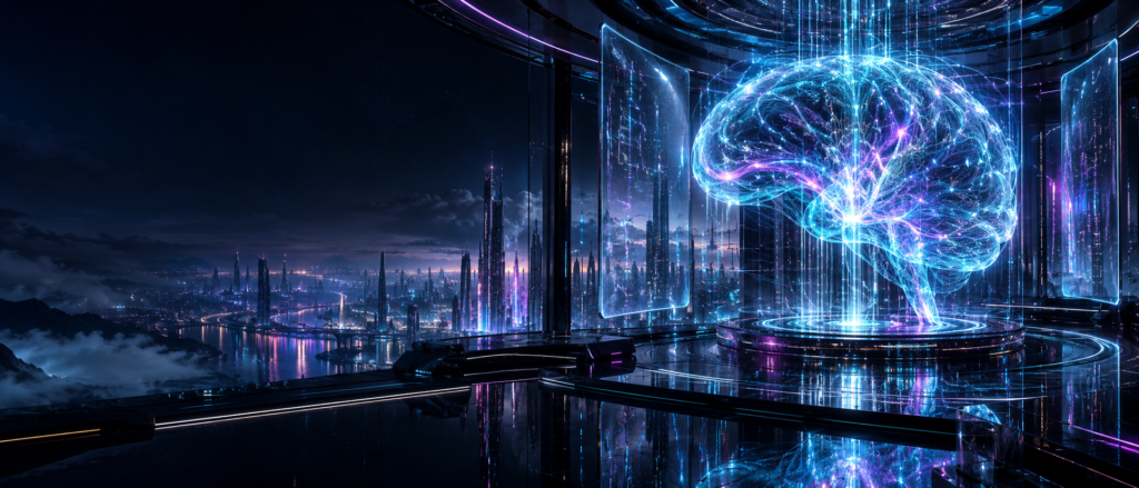 KI-generiertes Motiv: ein holografisches neuronales Netzwerk in Cyan und Magenta vor einer futuristischen Stadt.