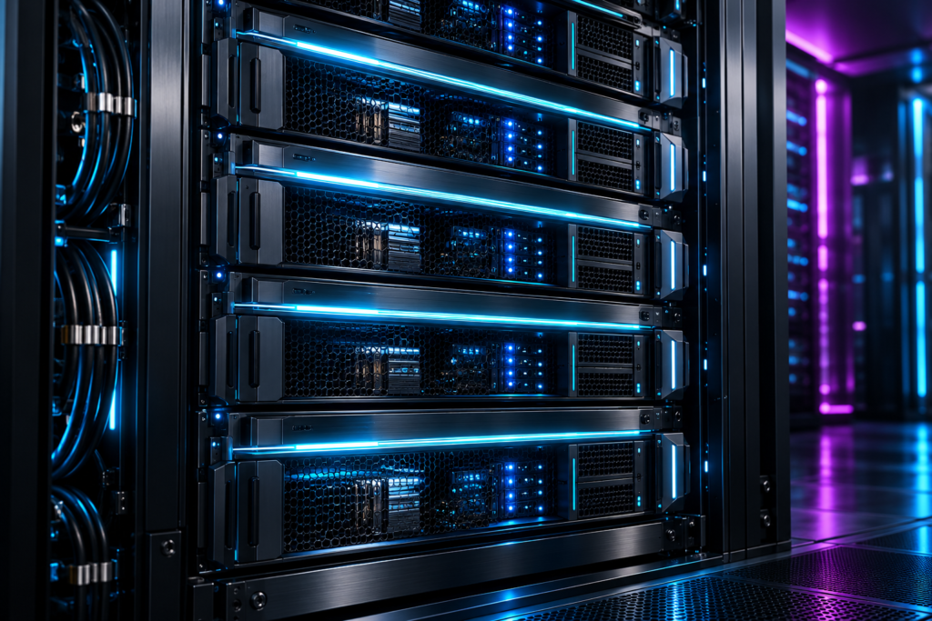 KI-generierte Visualisierung eines futuristischen Serverracks mit blauen Lichtleisten.